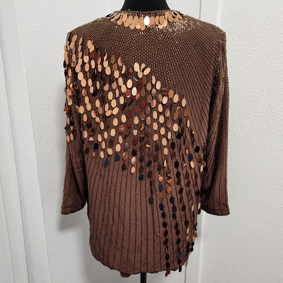 Vintage 100% Silk Chocolate Brown Copper Sequin Beaded Cardigan - Picture 2 of 7